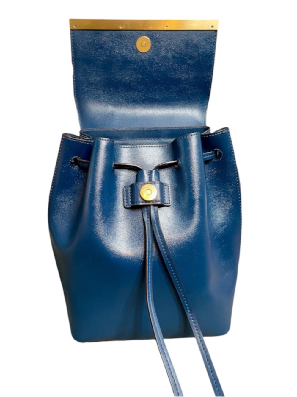 Donna Karan Blue Leather Drawstring Backpack with Gold Bar Accent & Snap Closure - Picture 6 of 8